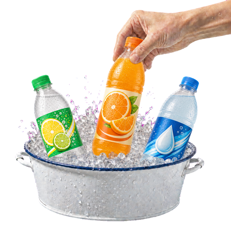 氷水で冷やした炭酸飲料、オレンジジュース、スポーツドリンクのペットボトル